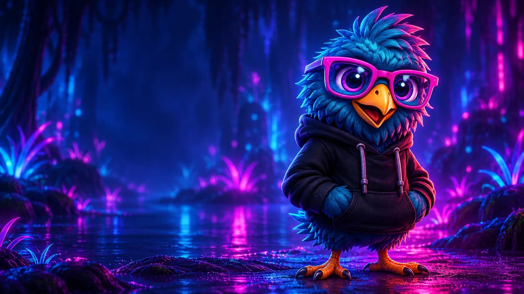 Swampher im schwarzen Hoodie mit pinker Brille im leuchtenden Neon-Sumpf