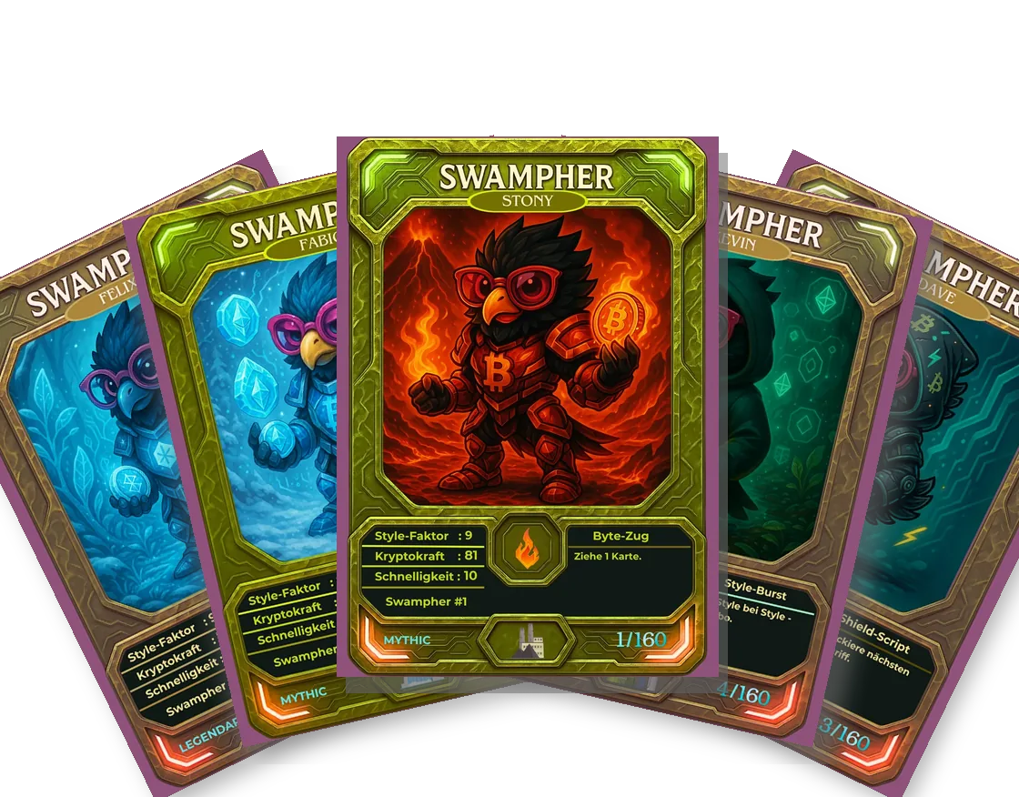 Fünf Swampher-Karten aus dem Genesis Deck, aufgefächert